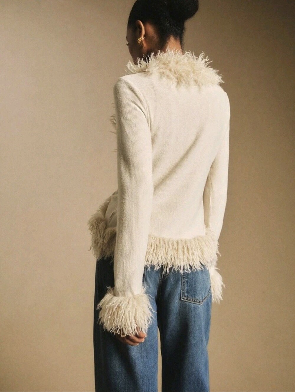 Women's Off-White Plush Trim Tie-Placket Elegant Blouse,Autumn Brunch Long - Picture 4 of 7